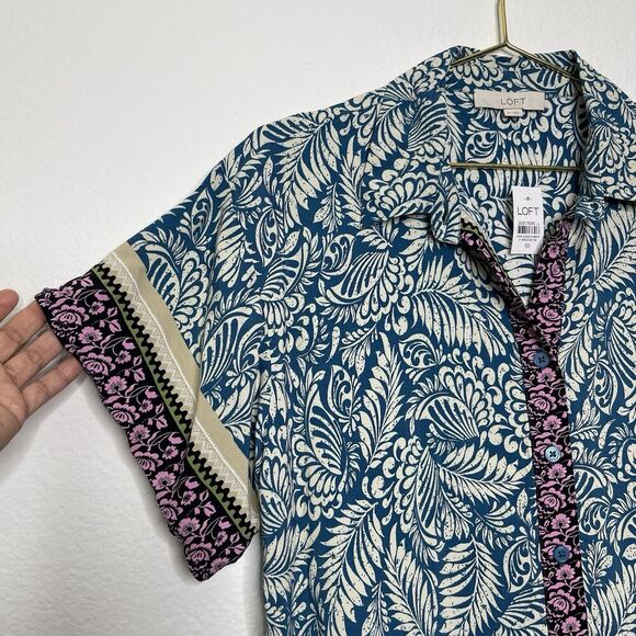 Loft Garden Shirt Dress Sz 10 Shift Blue Button Coastal Tropical Dainty Vacation - Picture 2 of 8